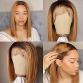 Black Roots Ombre Honey Brown Graceful Silky Straight Bob Lace Frontal Wig